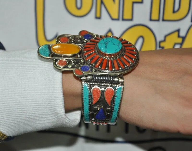 

wedding decoration Tibet Buddhis silver Inlay Beeswax turquoise gem Exorcism amulet Bangle Bracelet