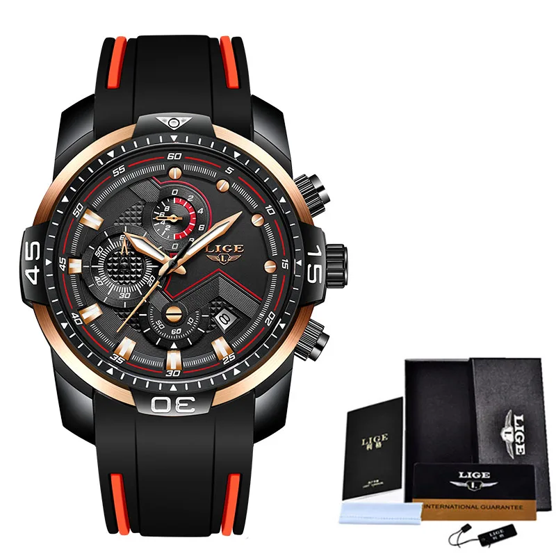 Black rose gold LIGE, новинка, модные мужские часы, Топ бренд, Роскошные, силиконовый ремешок, часы для мужчин, спортивные часы, большой циферблат, кварцевые наручные часы, Relogio Masculino - Цвет: Black rose gold