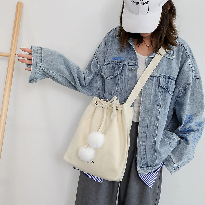 

New Drawstring Canvas Bucket Bag Women Tote Bag Cotton One Shoulder Canvas Handbag Concise Female Ladies Crossbody School Bag