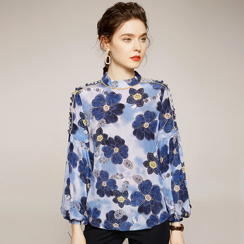 

Women Floral Print Shirt Tops Elegant Stand Collar Vintage Long Lantern Sleeve Shirts Blouses Female 100% Real Silk Blouse Loose
