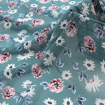 

Soft Blue Flower Printed Chiffon Tulle Fabric for Dress Shirts, by the Meter