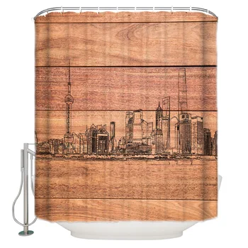 

Shower Curtain Waterproof Polyester With 12 Hooks Sketch Shanghai Skyline Retro Wood Grain Background