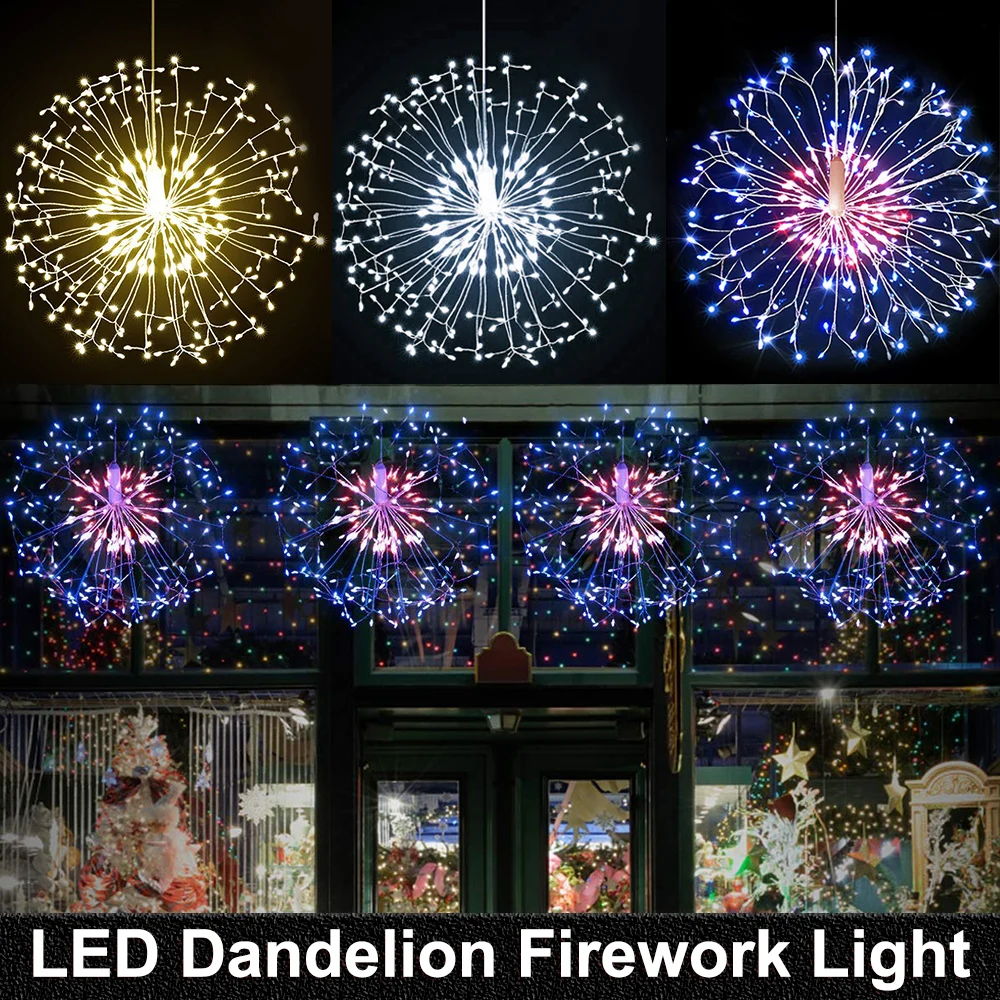 198LEDs RC Dandelion Firework LED Copper Wire Strip String Lights Waterproof Fairy Lights Christmas Light For Wedding Decor D30