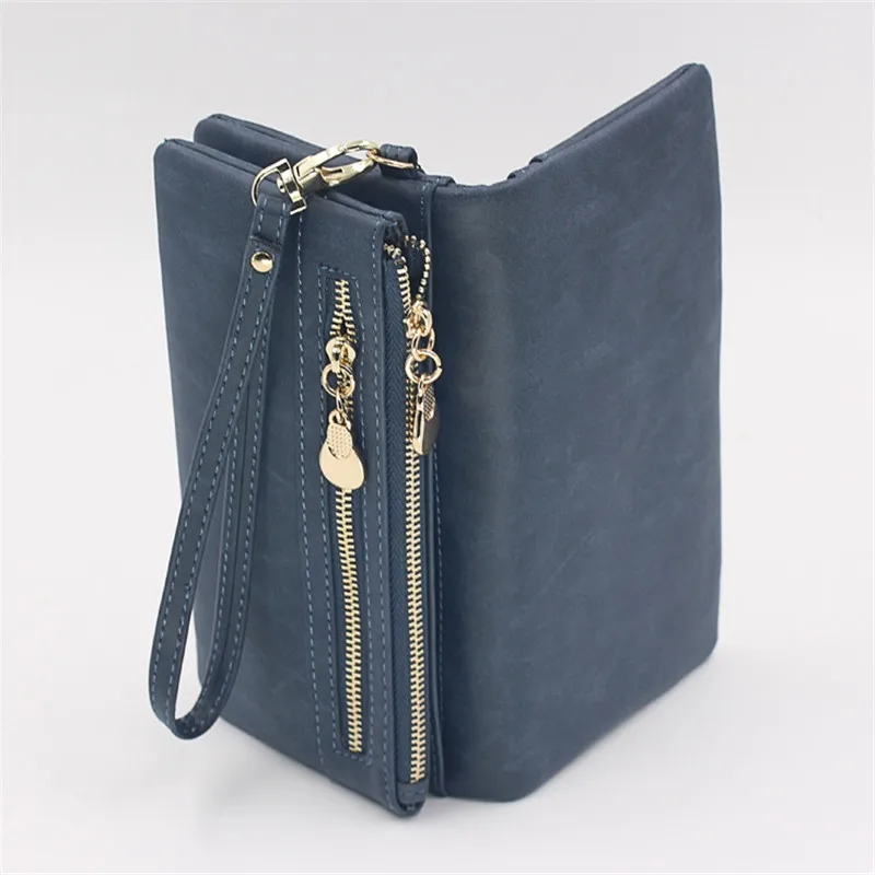 Cartera de cuero mate con doble cremallera para mujer, bolso de mano de día, cartera
