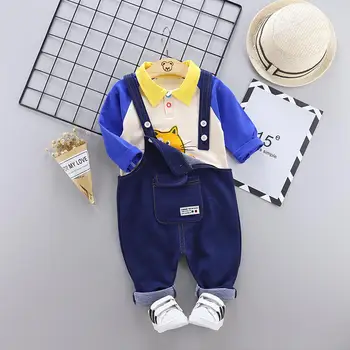 

2020 New Spring Children Baby Boys Clothing Sets Cat Cartoon Cute Clothes Kids Sleeve T Shirt Strap Bib Pants Overalls 2PCS Set