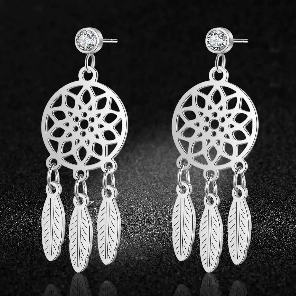 316 Stainless Steel Boho Lotus Dream Catcher Earring For Women Fashion Bohemia Jewelry lotus earrings