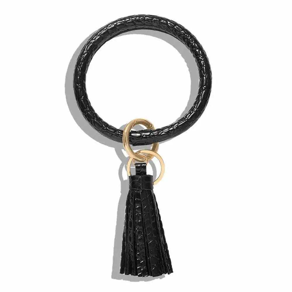 Dvacaman New Fashion Multi-Color Tassel Keychain Enamel PU Leather O Key Chain Monogram Circle Wristlet Keychain For Women Girls - Цвет: 25