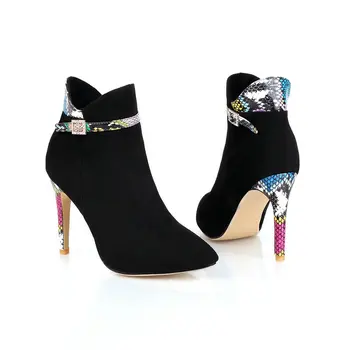 

2021 Mixed Color high heels ladies boots Pointed Toe Autumn Winter Ankle Boots thin Heels Fashion Women dress Shoes Size 34-43
