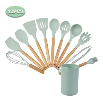 

12 Pieces of Silica Gel Kitchenware Set Non Stick Pot Cooking Tool Wooden Handle Shovel Spoon Set Kitchen Accessories Tools
