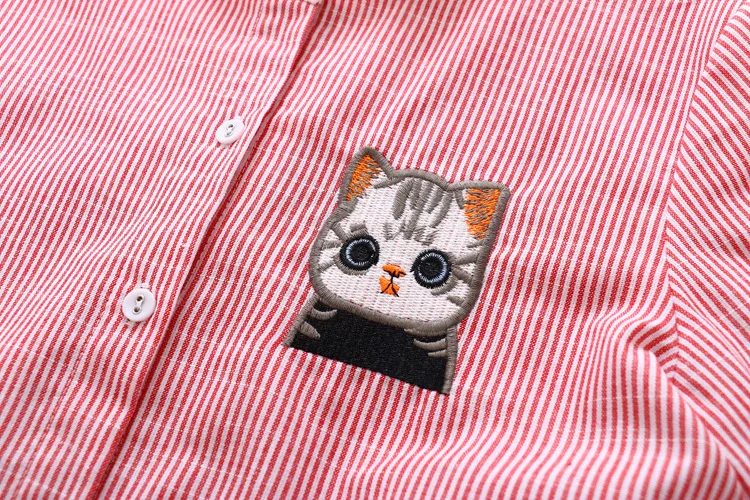  2019 New Korean Women Blouses Round Collar Cat Embroidered Long Sleeve Striped Loose Cotton Women S