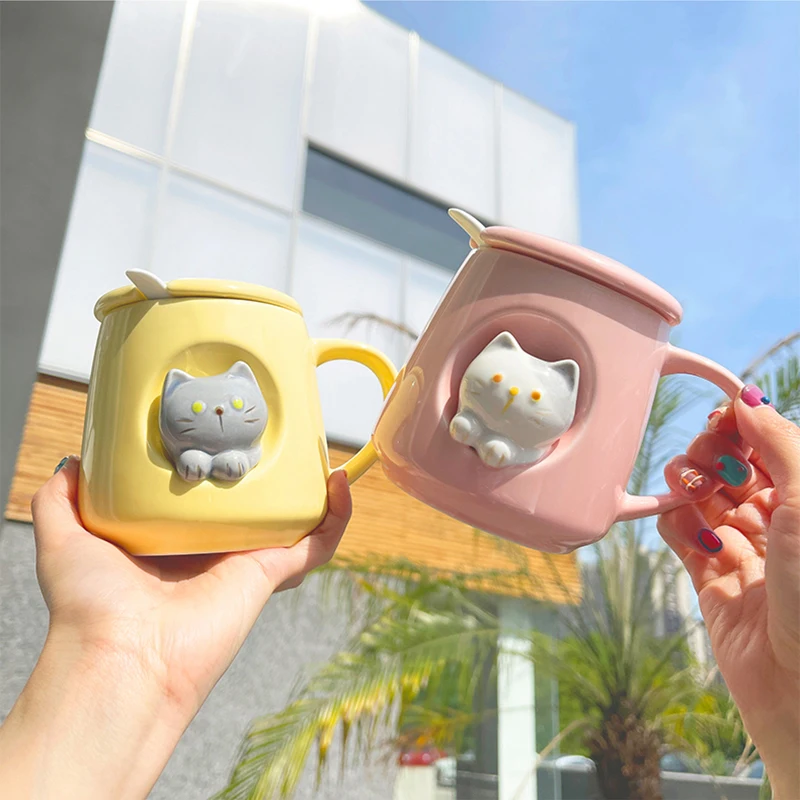 Three-dimensional Kitten Mug Cute Embossed Pet Ceramic Water Bottle with Lid and Spoon Exquisite Material Lovers Milk Coffee Cup image_1