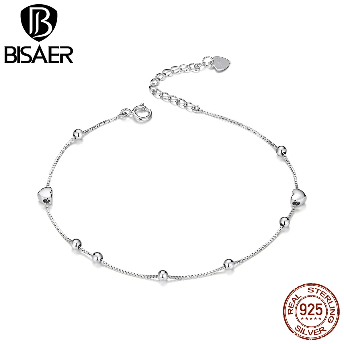 Браслеты со звездами BISAER, Стерлинговое Серебро 925 пробы, модные женские браслеты на цепочке с сердечком и бусинами, ювелирные изделия из серебра 925 пробы ECB172
