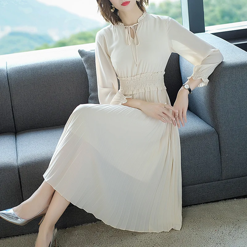 

Solid Color Chiffon Dress 2020 Summer And Autumn Long Sleeve Folds Pleated Skirt Foreign Style Waist Slimming Temperament Skirt