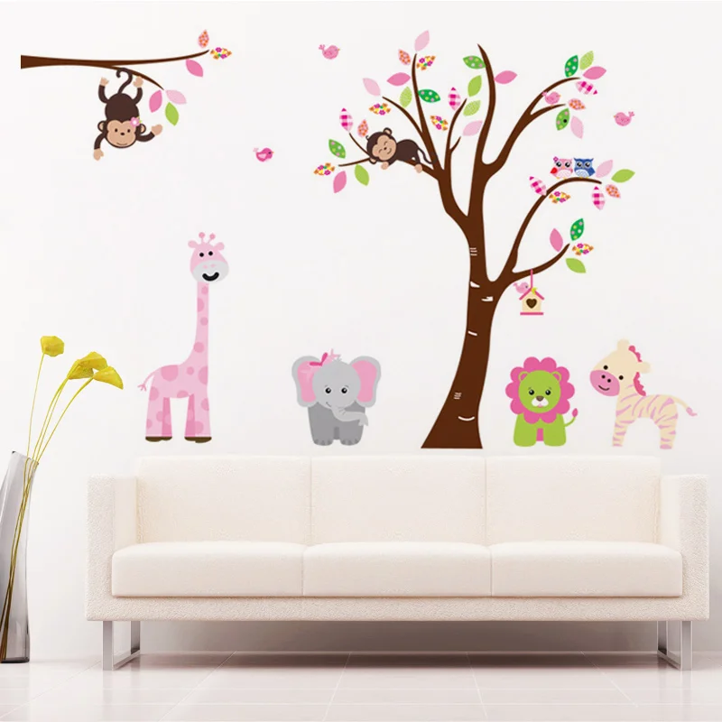 

Jungle Animals Giraffe Elephant Monkey Lion Colorful Tree Wall Stickers For Kids Room Wall Decal Nursery Room Home Decor Mural