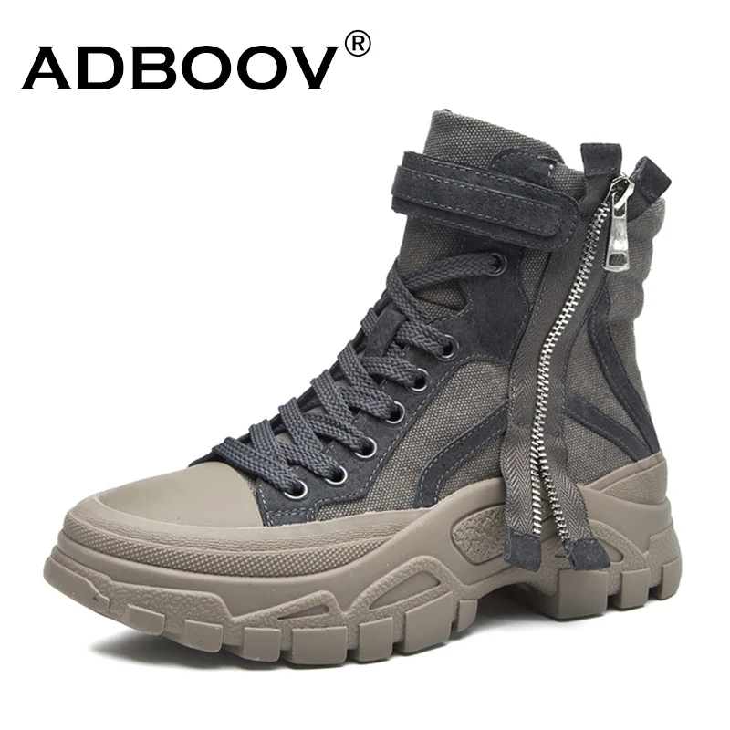

ADBOOV Platform Women Boots Side Zip Canvas Ankle Boots Women botas mujer invierno 2019 Hi-top Canvas Shoes
