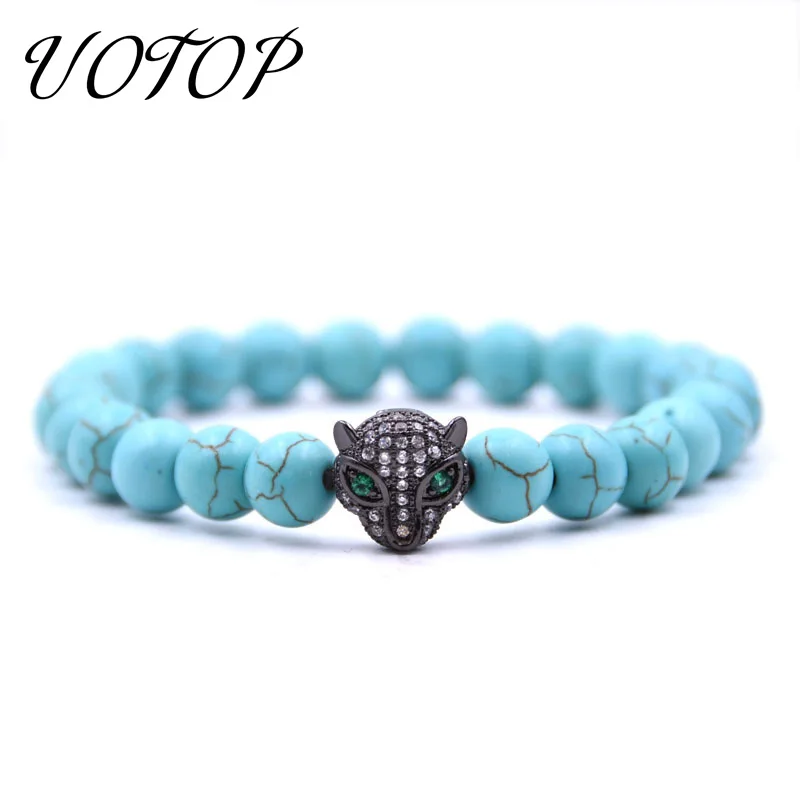 

UOTOP 2019 Summer Mirco Pave AAA CZ Leopard Head Bead Bracelet Women Men Elastic Natural Lava Tiger Eye Stone Strand Bracelets