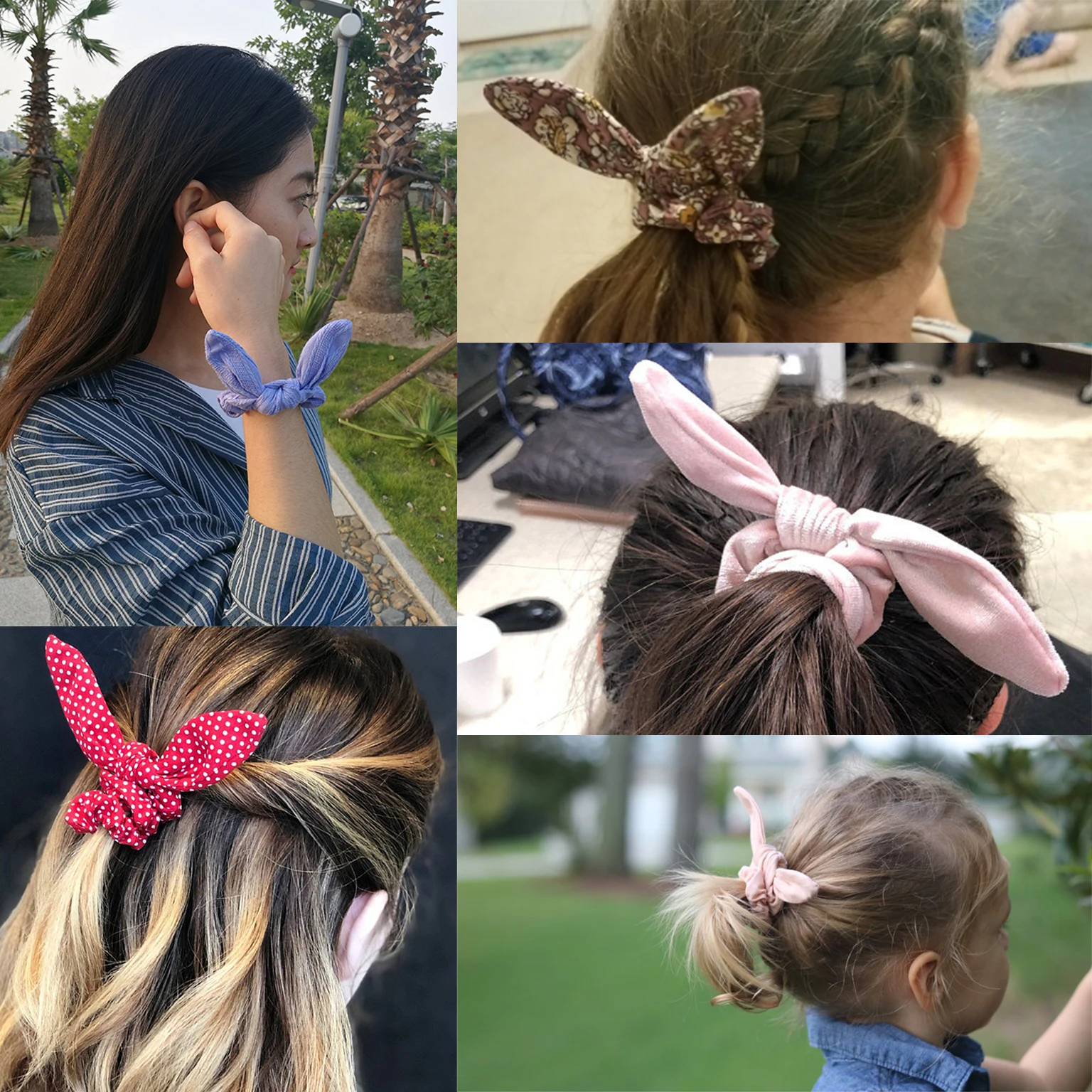 2 PCS Girls Women Hair Scrunchies Accessories Rabbit Ears Hair Bands Bunny Ears Bow Ties Ponytail Holder Elastic Bandss nylon hair tie