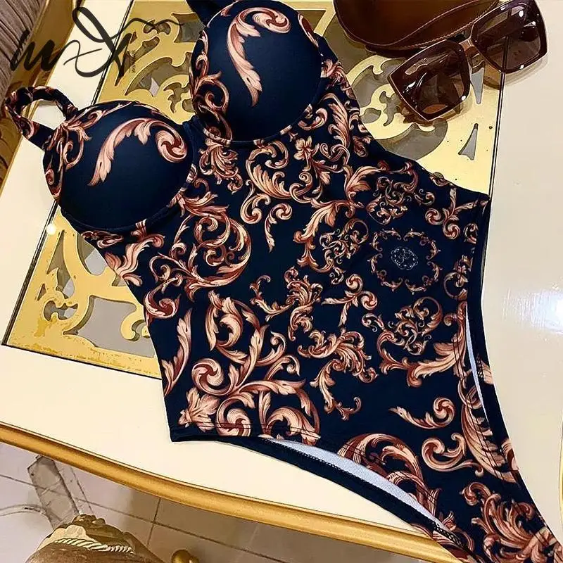 

In-X Paisley print one piece swimsuit female Push up bodysuit one-piece suits Vintage high cut swimwear women swimsuit Bathers