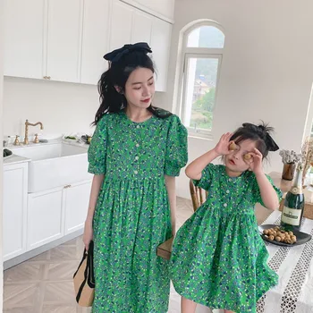 

2020 Summer New Children Floral Chiffon Princess Dress Daughter and Mother Short Sleeve Dress Fashionable Parent-Child Dresses