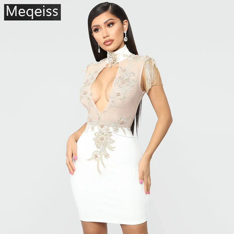 Новые летние Для женщин кружева Бандажное платье Vestido сексуальное белое бриллиантовое ажурное Платье с круглым воротником облегающее Клубное вечерние мини-платье