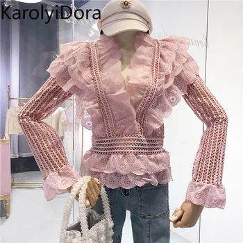 

2020 Runway Women Pink Layers Ruffles Shirt Blusas Spring Fashion Lace Hollow Out Ladies V Neck Blouse Slim Flare Sleeve Top