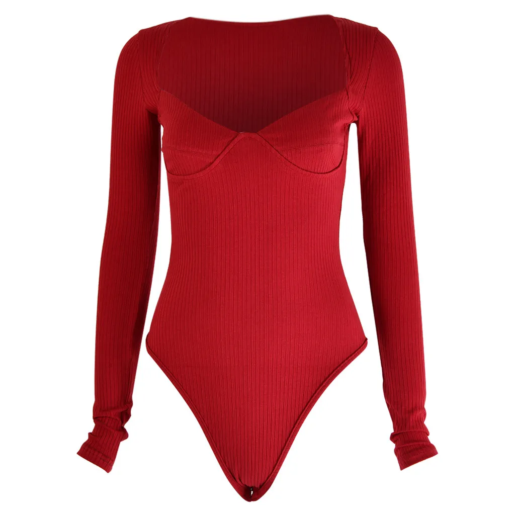 Fashion Womens Solid Low Chest Long Sleeve V-neck Sexy Tight Jumpsuit Romper
