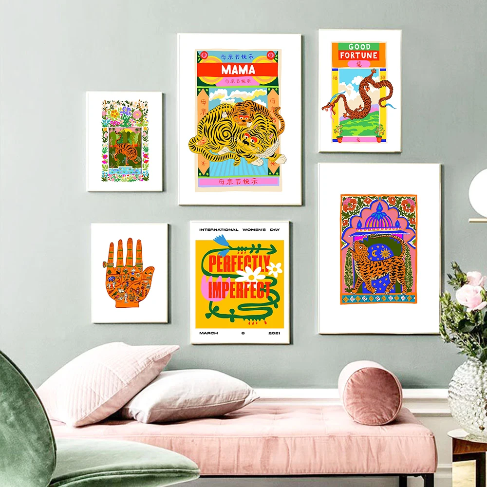 Tiger Mama Cartoon Animal Canvas Posters Garden Temple Painting Good Fortune Dragon Wall Art Print Pictures For Kid Room | Дом и сад