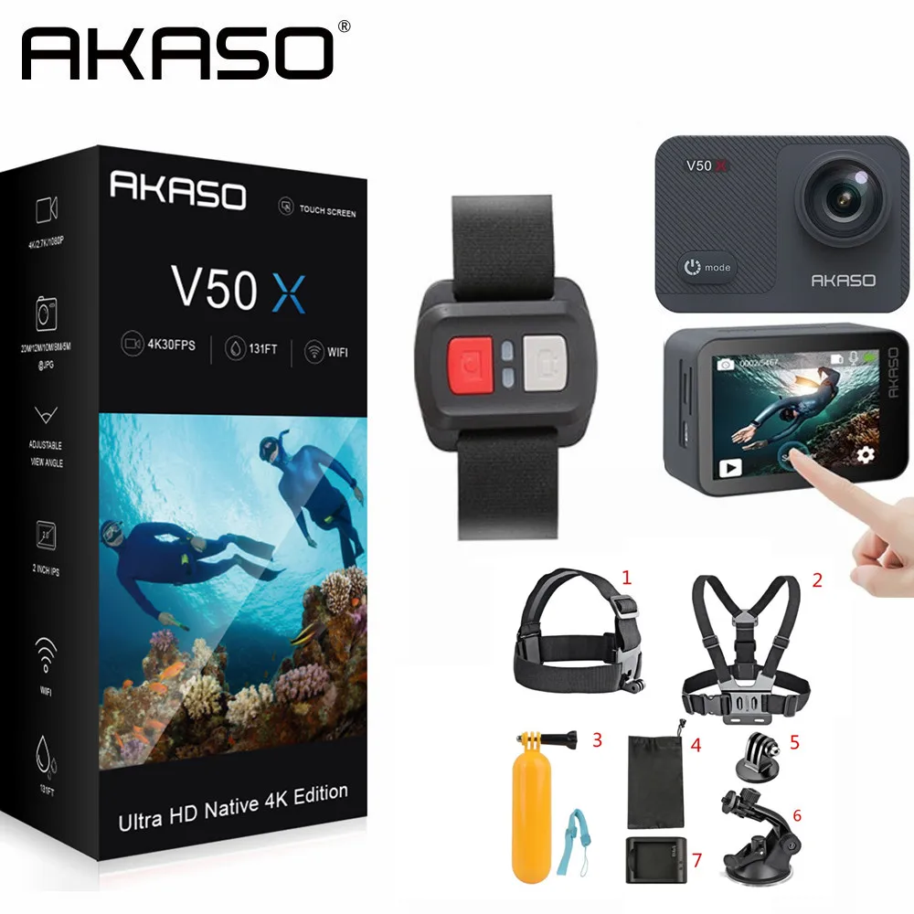 AKASO V50X нативная Экшн-камера 4K30fps WiFi с сенсорным экраном EIS 4X Zoom 131 футов водонепроницаемая камера с дистанционным управлением для спорта - Цвет: with 7 in 1