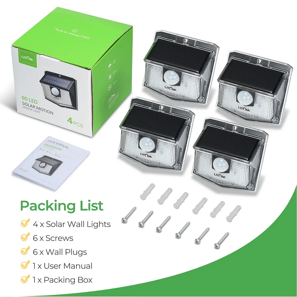 4 Pack LITOM 60 LED Solar Lights Outdoor Garden 270° Wide Angle IPX7 Waterproof Solar Powered Motion Sensor Wireless Wall Lights (7)