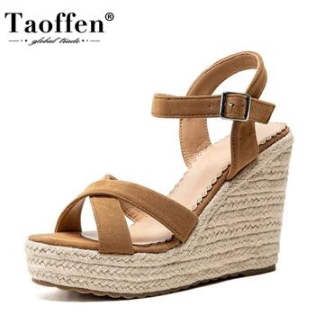 

TAOFFEN Women Wedges Shoes Open Toe Ankle Strap Buckle Women Sandals Solid Color Casual Outdoor Beach Female Zapatos Size 34-43
