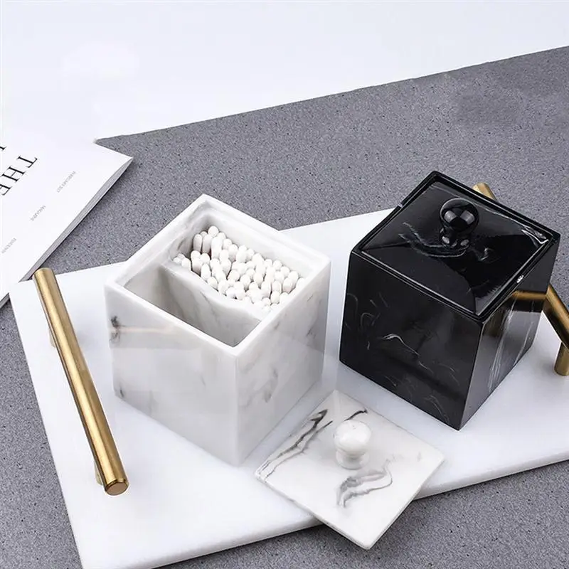 

High-grade Marble Grain Storage Box Desktop Decoration Cotton Swab Case Creative Toothpick Holder Bathroom Make Up Organizer