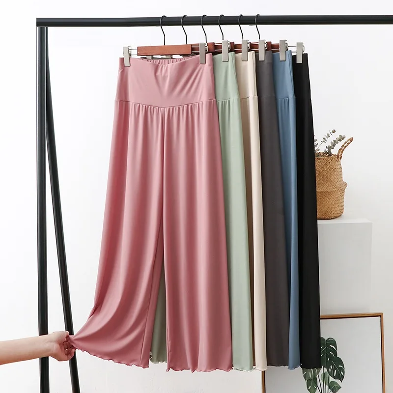 Women Loose Stretch Pants 2021 Summer Soft Ice Silk Ankle-Length Wide Leg Pants Casual Homewear High Waist Sports Yoga Trousers women 2023 autumn new trousers loose large size 100kg ankle tied sports pants high waist slimming fashion casual wide leg pants