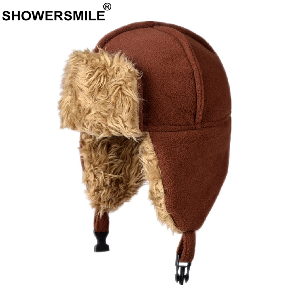 

SHOWERSMILE Russian Hat Women Men Autumn Winter Polar Fleece Warm Thick Trapper Hat Earflap Brown Male Female Snow Bomber Hat