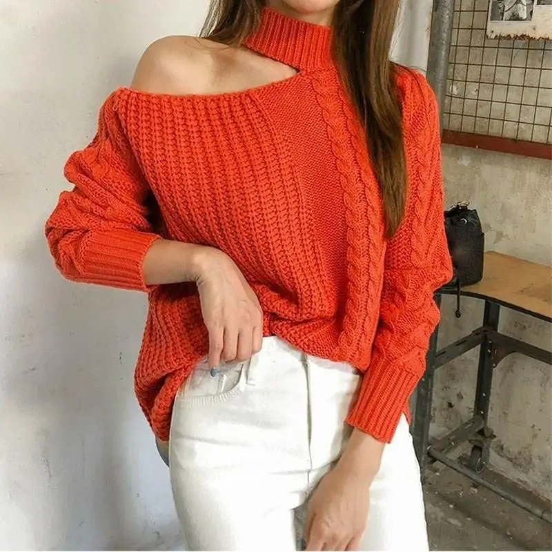 New Women Sexy Sweaters Off Shoulder Loose Knit Female Jumpers Pullover Long Sleeve Solid Knitted Turtleneck | Женская одежда