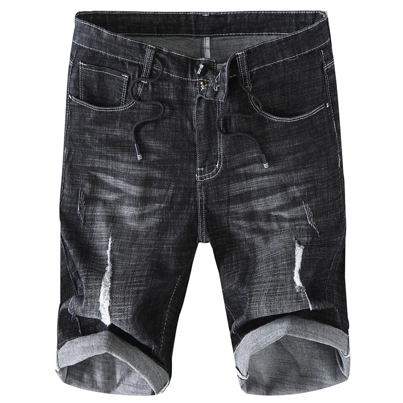 Новинка, летние Рваные джинсовые шорты, мужские Модные хлопковые повседневные байкерские шорты с рюшами, короткие мужские джинсы на молнии, Черные Серые Стрейчевые штаны