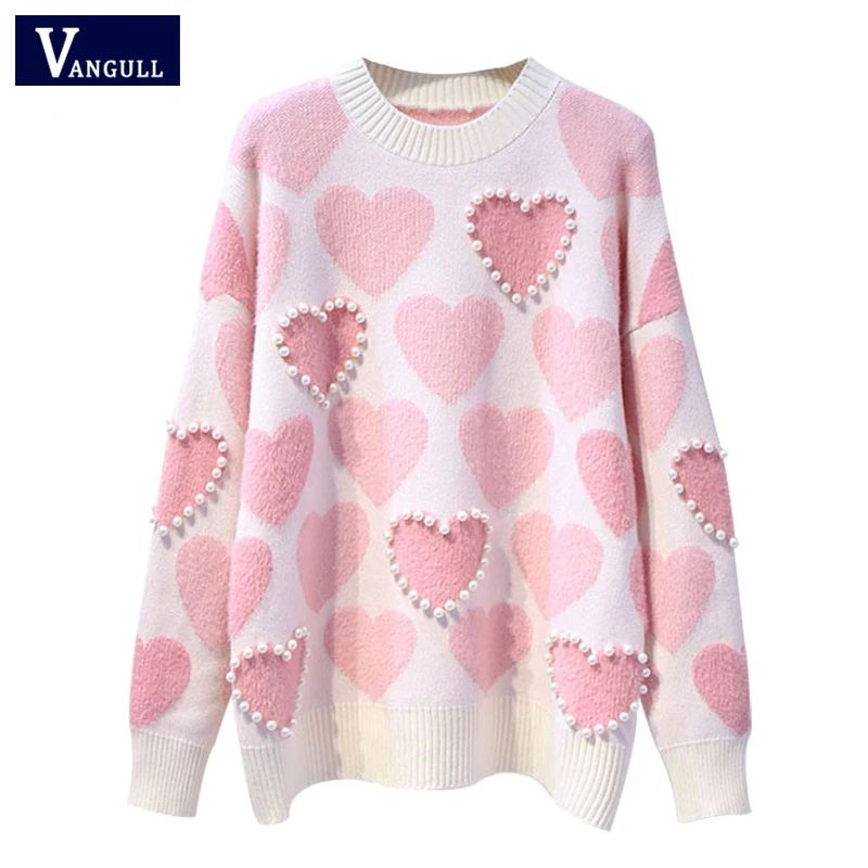 vangull Women Knitted Sweater Long Pullovers O-Neck Pearls Beading Sweaters Sweet Heart Pull Jumpers Sleeve Kawaii Pullover | Женская