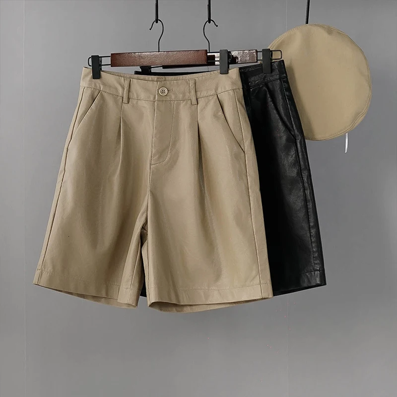 Кожаные короткие штаны женские черные из искусственной кожи с высокой талией до колен штаны в западном стиле винтажные брюки-карго уличная одежда