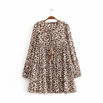 

2020 new Spring Summer Rayon Tassel Leopard Midi zaraing women dress sheining vadiming female dress sexy vintage plus Yup8436