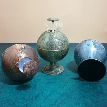 

New Design Metal Vintage Automatic Toothpick Holder Zinc Alloy Metal Toothpick Dispenser Box Organizer Rotary globe Style