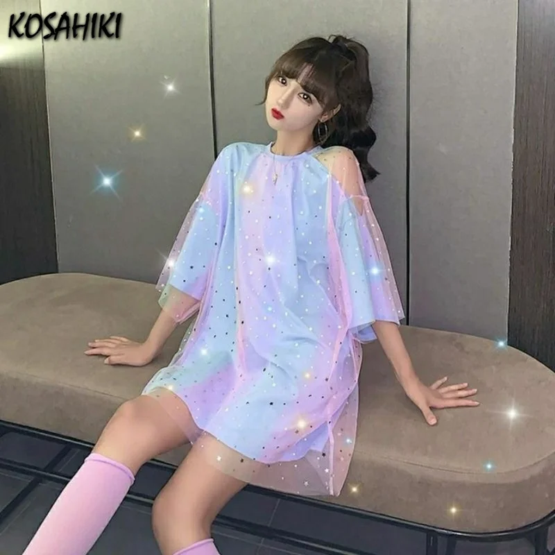 KOSAHIKI Plus Size T-shirt Women Gauze Mesh Patch Off Shoulder Loose Tops Tees Square Rainbow Color Fake Two Piece Tshirt | Женская