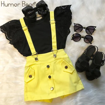 

Humor Bear Girls Clothes Sets Toddler Baby Lace Short Sleeve Black T-Shirts Tops+Yellow Bib Overalls Shorts 2pcs Clothing Suit
