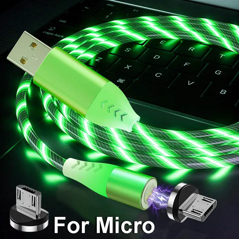 Green for Micro 5А Магнитный текательный Micro USB кабель светящийся type-C кабель для быстрой зарядки 8 Pin 1 м 2 м Магнитный свет светодиодный кабель type-C - Цвет: Green for Micro
