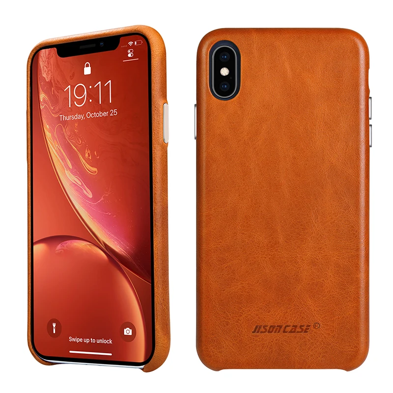 Baratos Funda de cuero Jisoncase para iPhone X Funda de cuero genuino de lujo delgada antigolpes funda trasera para iPhone X Capa comprar uno y obtener dos