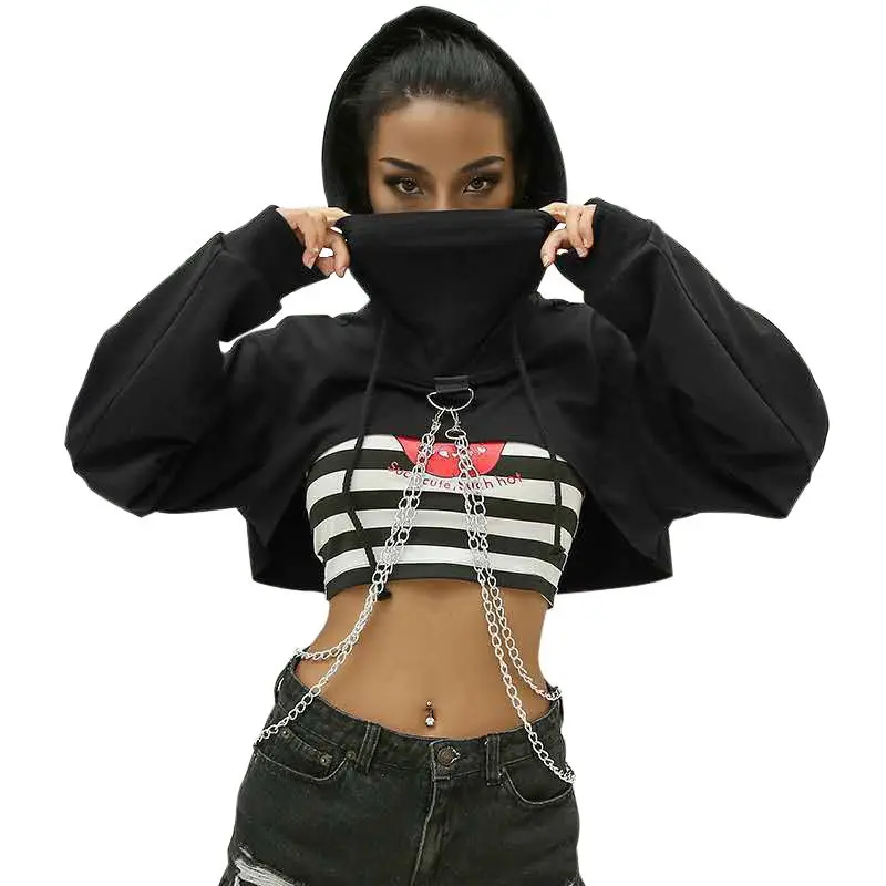 

Women Black Cropped Hooded Sweatshirt Chain Patchwork Pullover Hoodie Fashion Streetwear Sweat Femme Hoodies Top