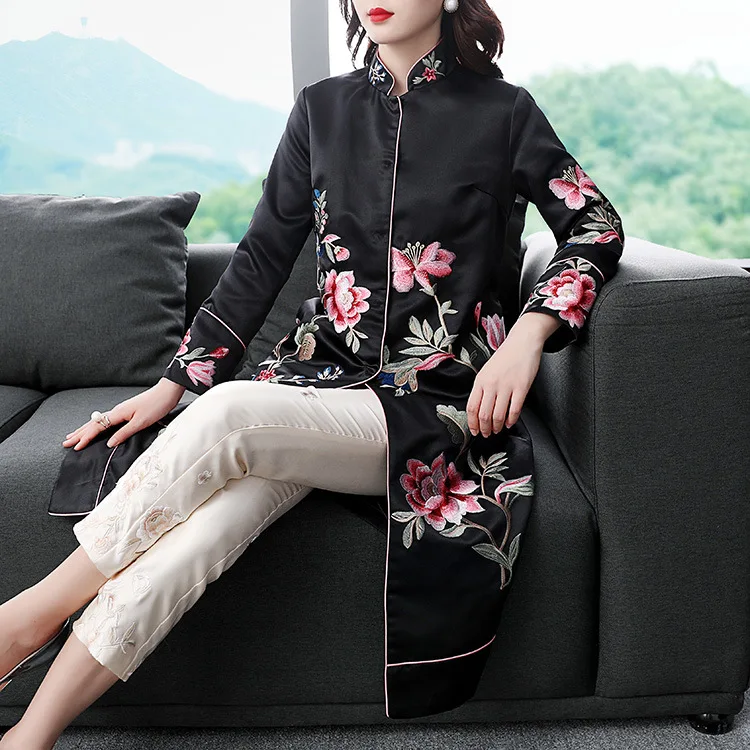 Китайский стиль Цветочные куртка с вышивкой ветровки длинные дамы