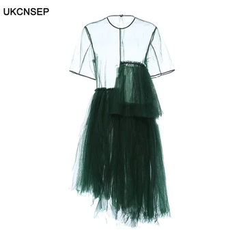 

Vintage Asymmetrical Women Dress O Neck Short Sleeve Empire Patchwork Irregular Hem Dresses For Female Fashion Clothing