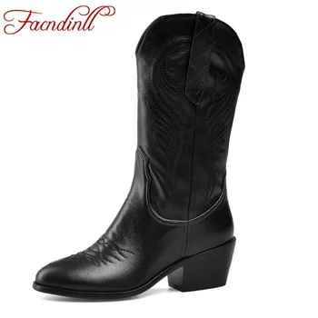 

FACNDINLL 2020 woemn boots autumn winter shoes woman mid calf pu leather woman shoes high heels black riding motorcycle boots