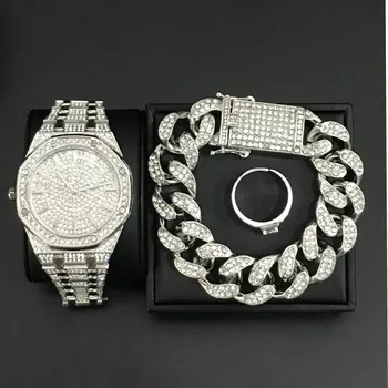 

Hip Hop Men Bracelets Ice Out Crystal Miami Cuban Chain Gold Color Men Watch +Bracelet +rings Set Rock Adjustable Rings