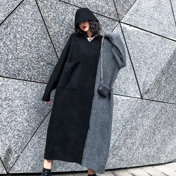 

Autumn Winter Women Oversize Splice V-neck Knitted Pullovers Long Sweater Dress Female Plus Size Streetwear Hooded Knit Dresses