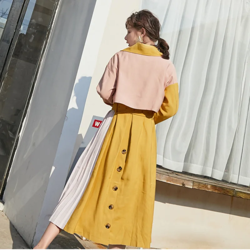 LANMREM New Fashion Simple Hit Color Long Trench Famale Single-breasted Coat With Belt Windbreaker 2020 autumn Casual PC365